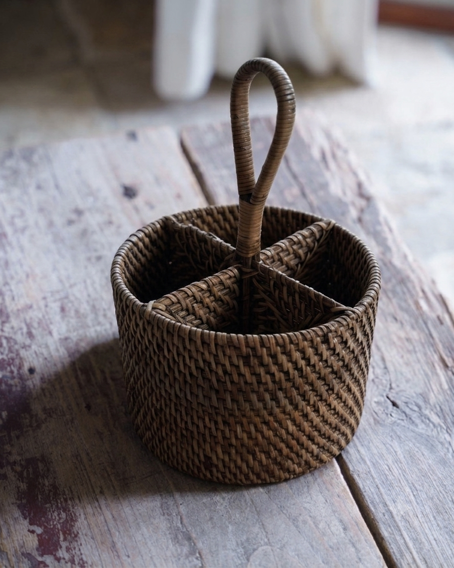 Talise Round Rattan Cutlery Holder in Dark Brown, woven by hand