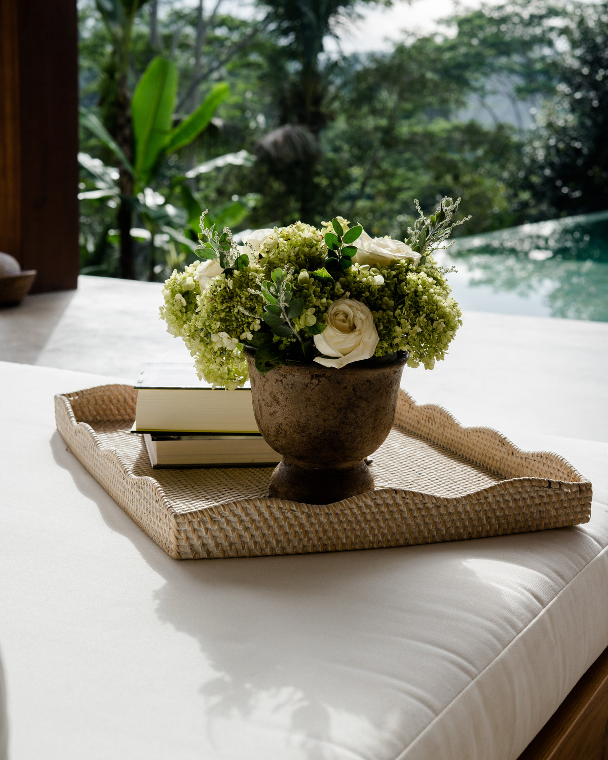 Solva Rectangular Scallop Tray in White Wash, handwoven rattan