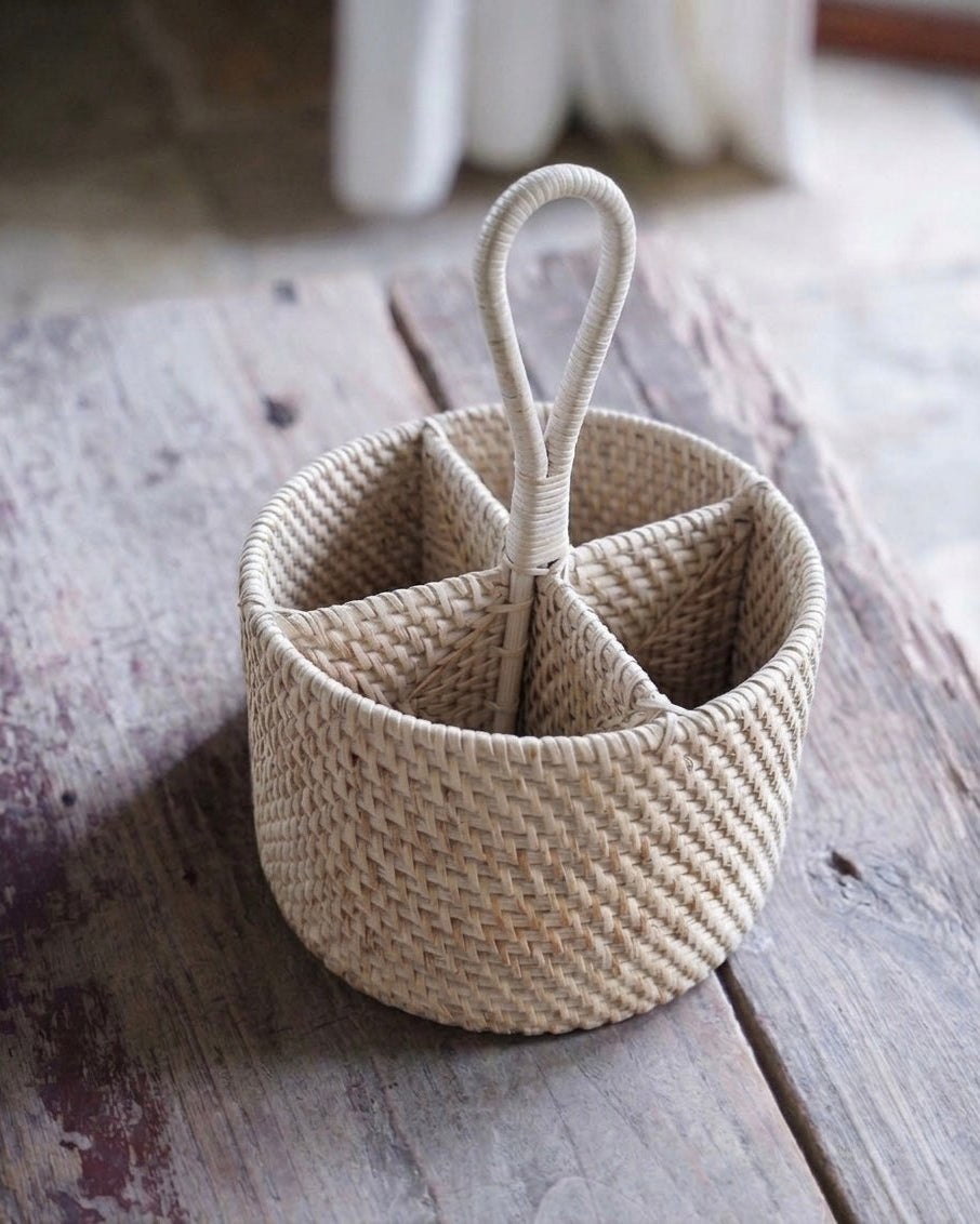 Talise Round Rattan Cutlery Holder in White Wash, woven by hand