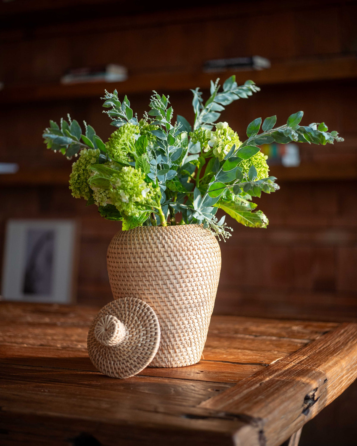Talise Rattan Vase with Lid, woven by hand