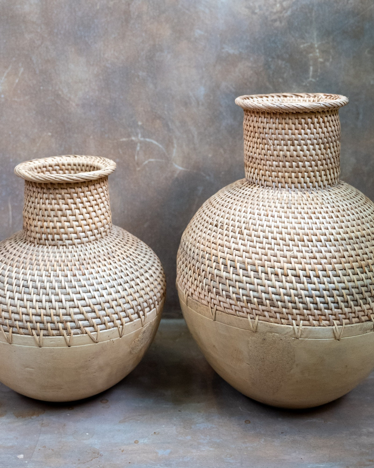 Burleigh Decorative Vase, carved wood finished in rattan
