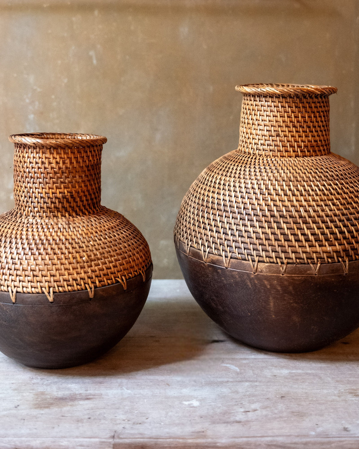 Burleigh Decorative Vase, carved wood finished in rattan
