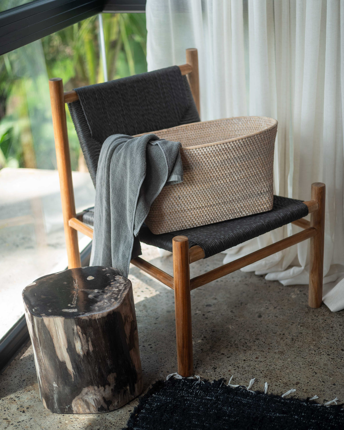 Natuna Linen Basket in White Wash, handwoven rattan