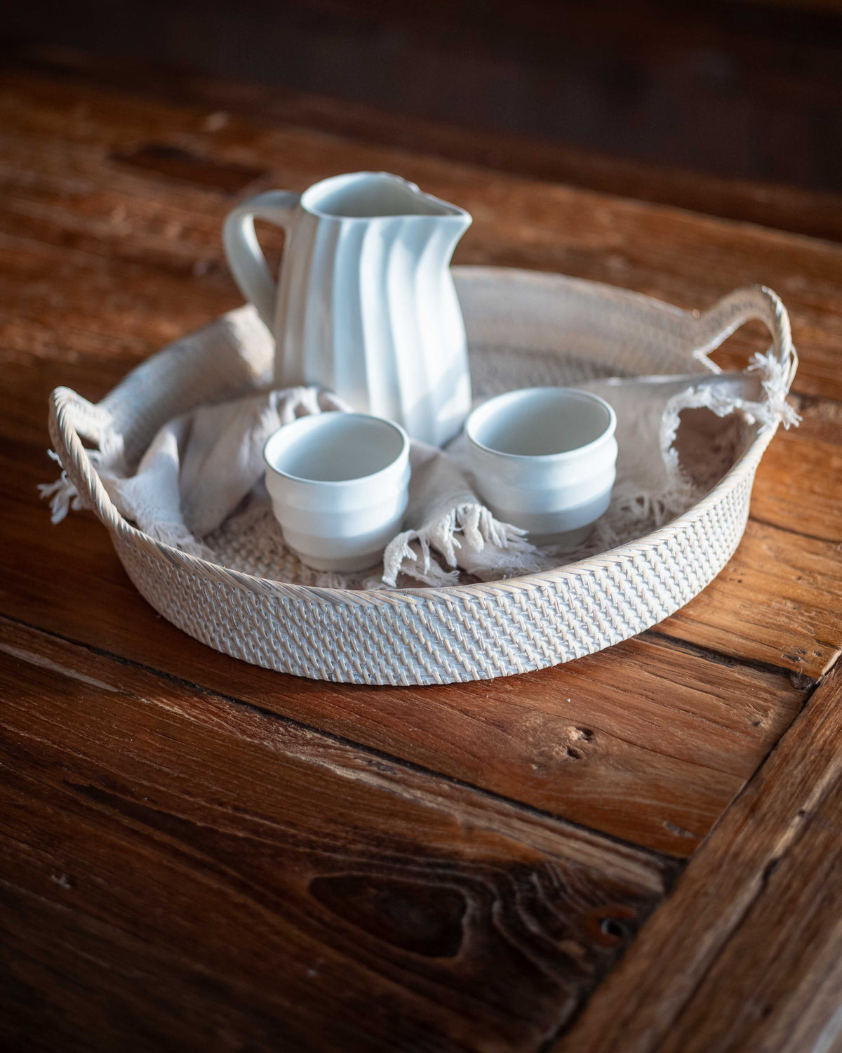Natuna Tray in White Wash, handwoven rattan