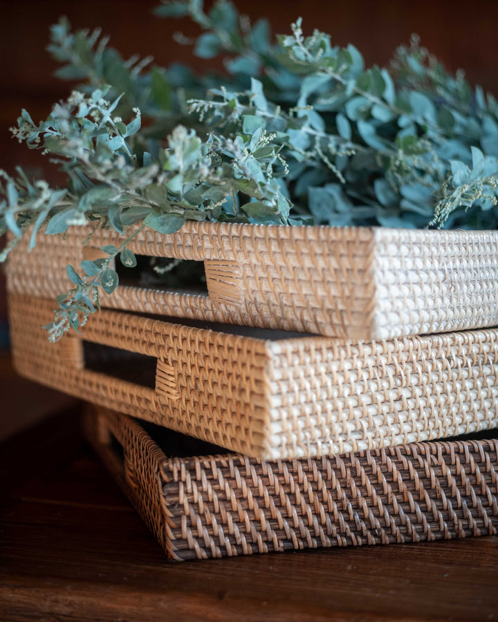 Talise Rectangular Tray in White Wash, handwoven rattan