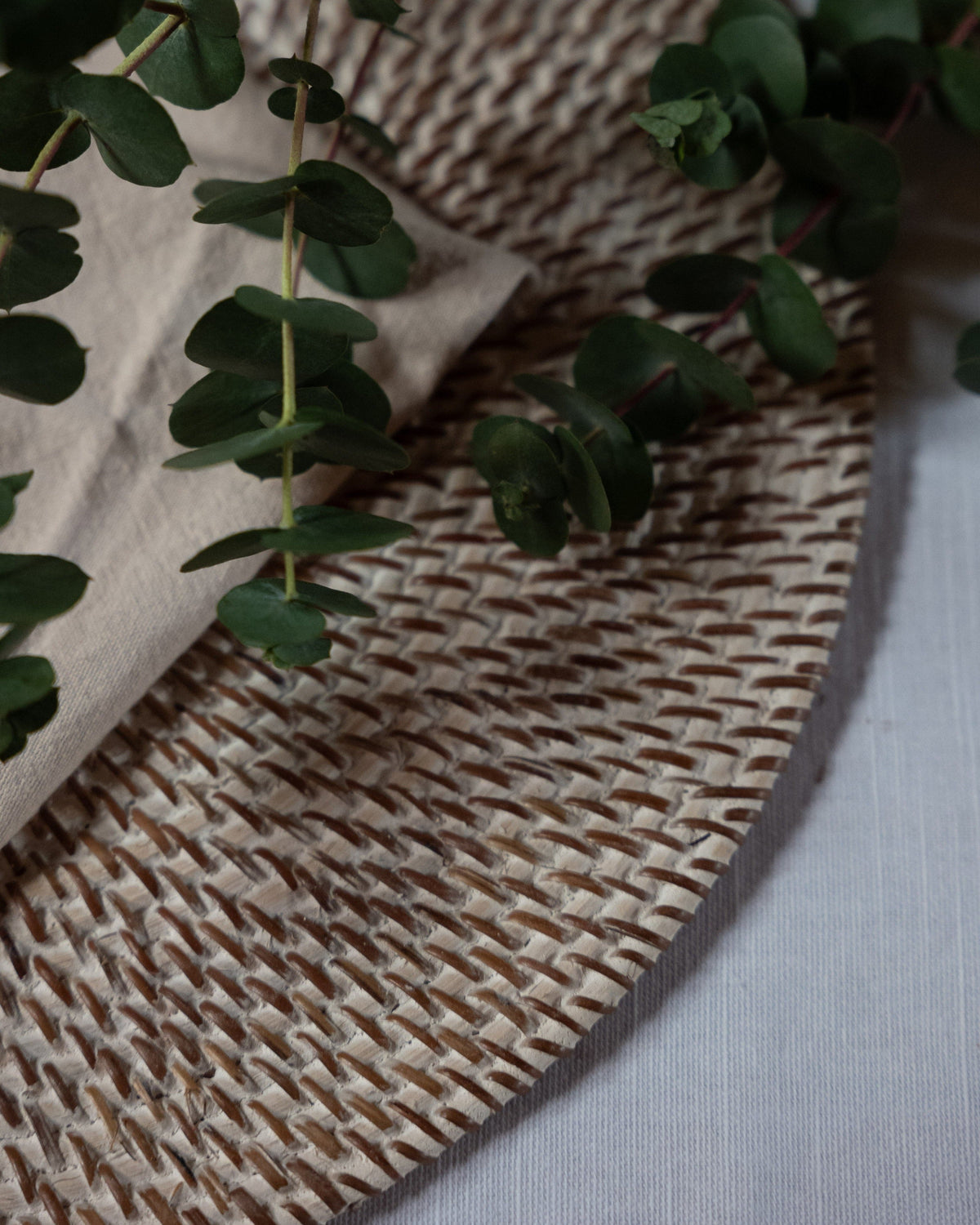 Talise Round Placemat Set of 2 in White Wash, handwoven rattan