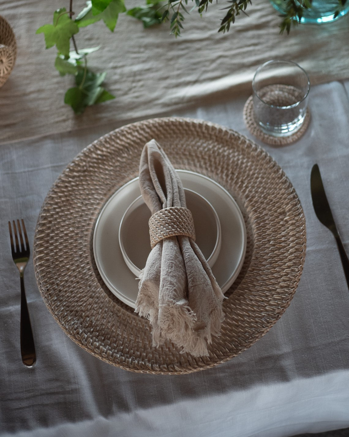 Thalassa Plate Charger Set of 2 in White Wash, handwoven rattan