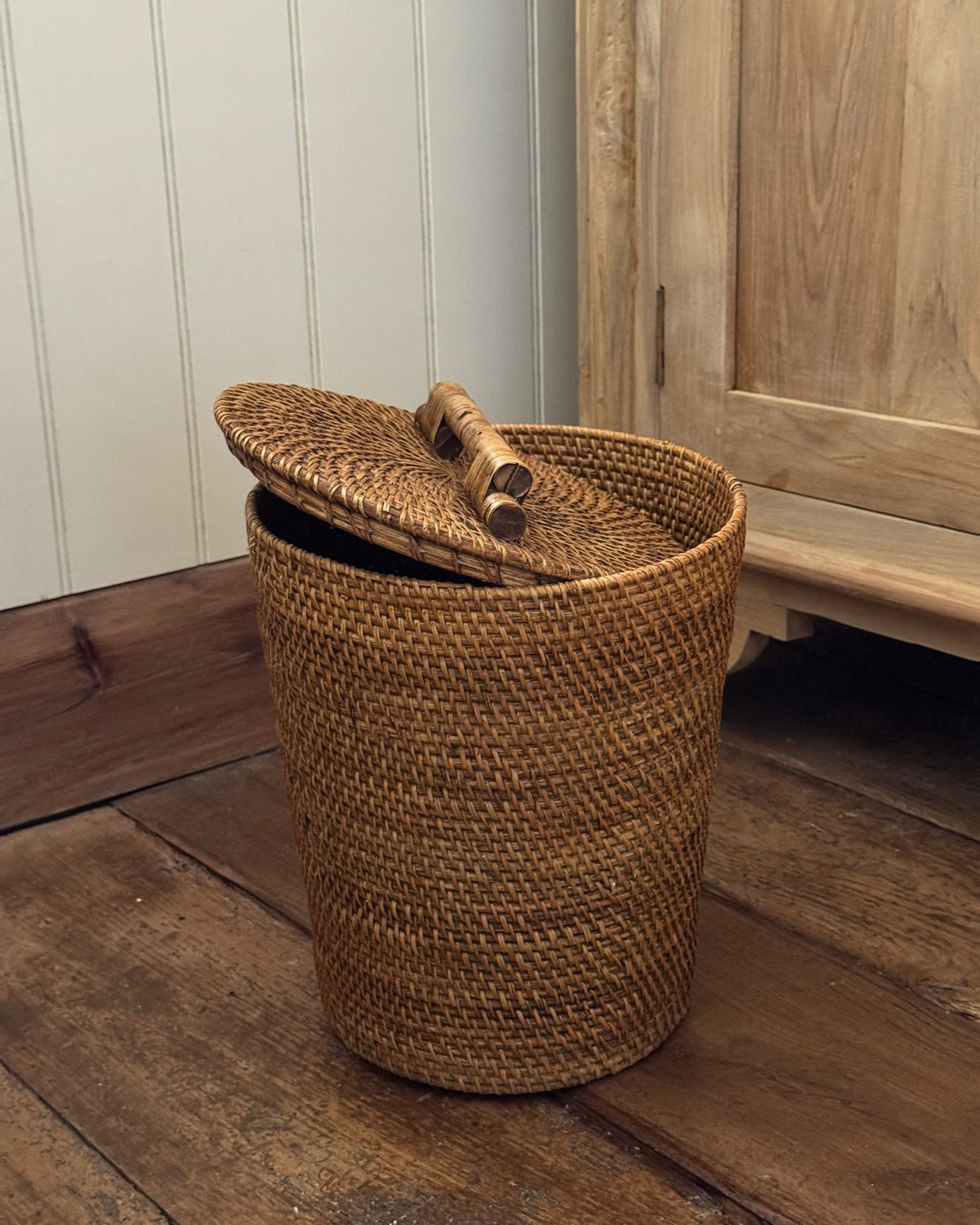 Masoni Paper Bin with the lid off, handwoven rattan