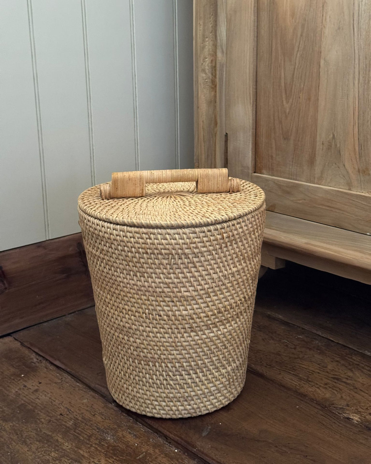 Masoni Paper Bin in Natural, handwoven rattan