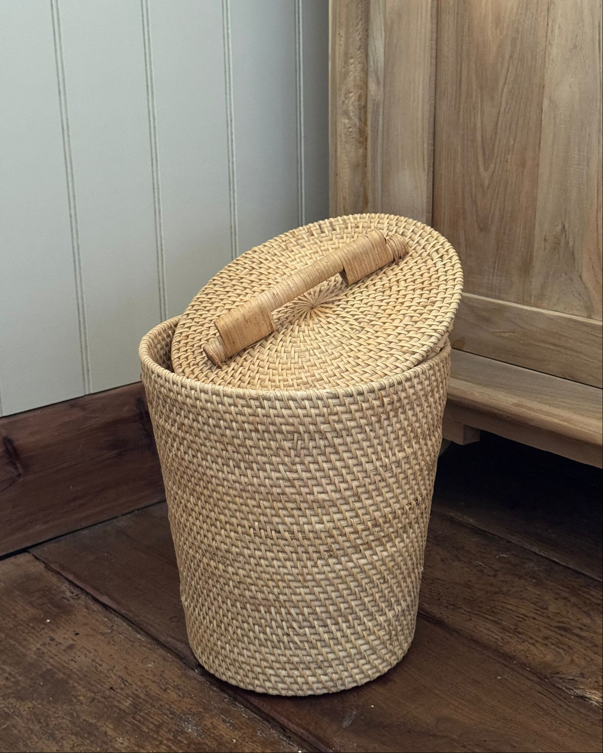 Masoni Paper Bin in Natural with the lid off, handwoven rattan