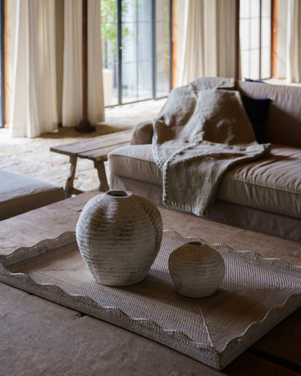 Solva Rectangular Scallop Tray in White Wash, handwoven rattan