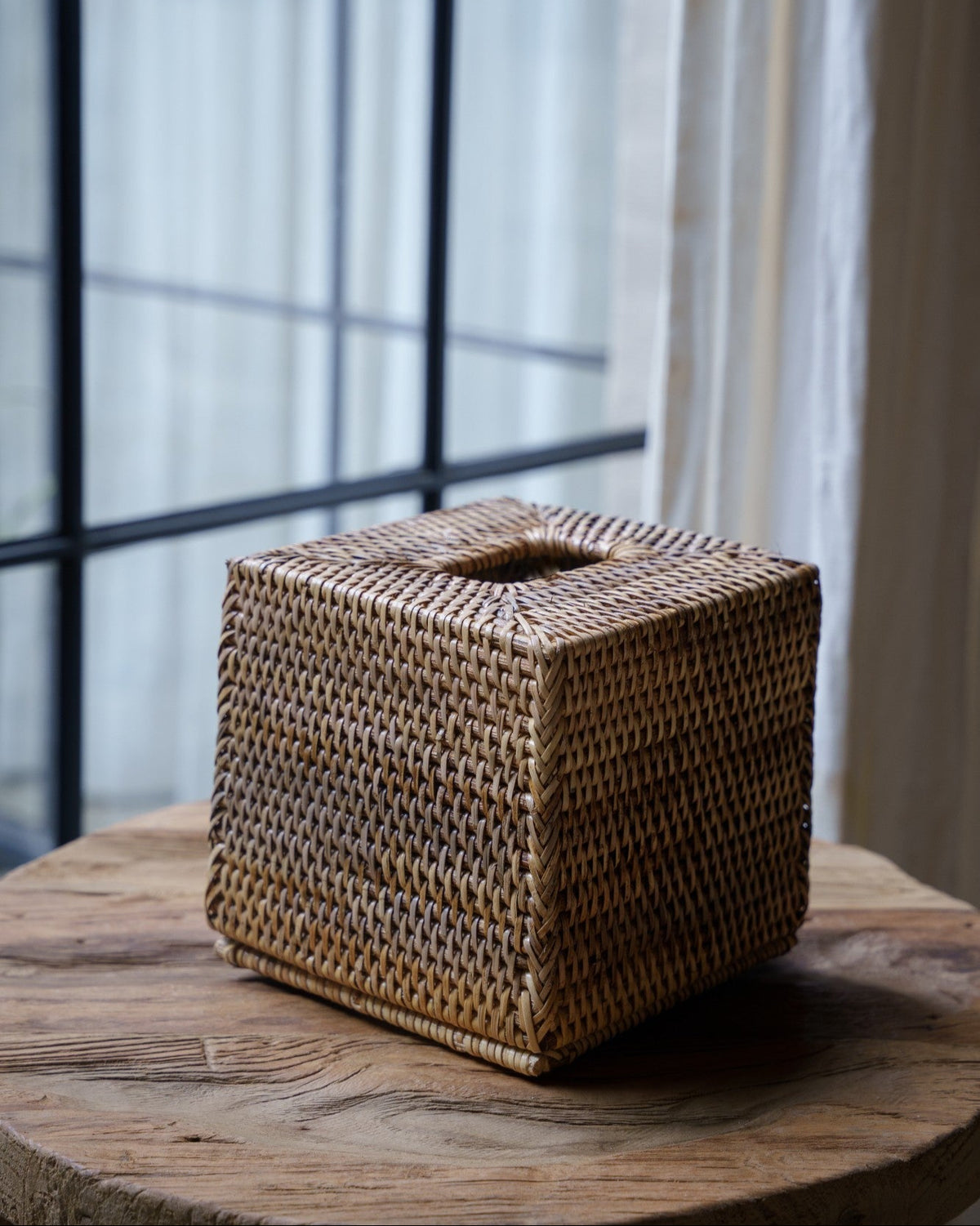 Talise Square Tissue Box in Dark Brown, handwoven rattan