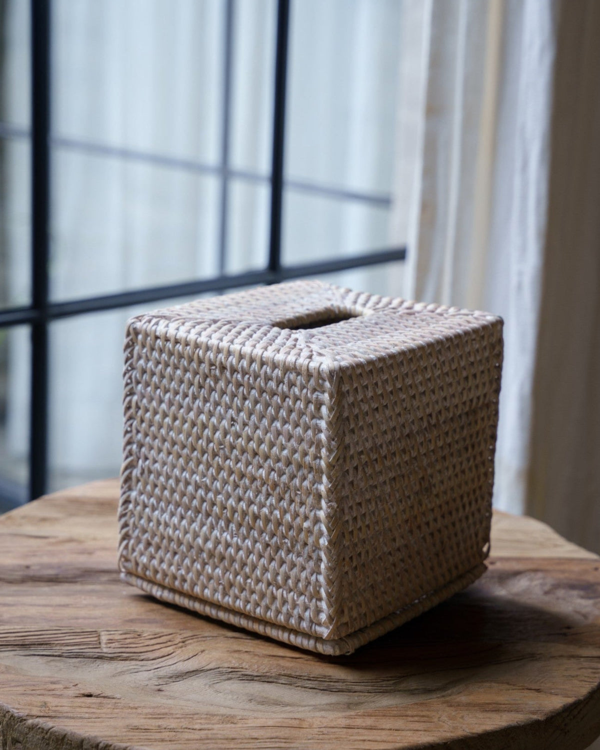 Talise Square Tissue Box in White Wash, handwoven rattan