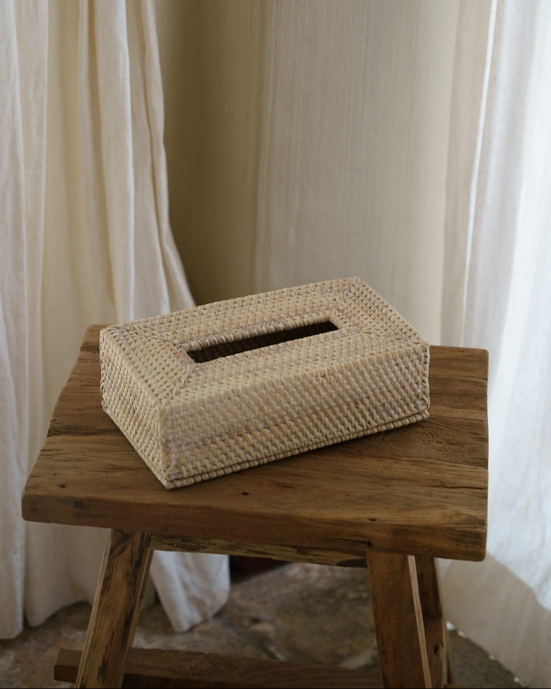 Talise Rectangular Tissue Box in White Wash, handwoven rattan