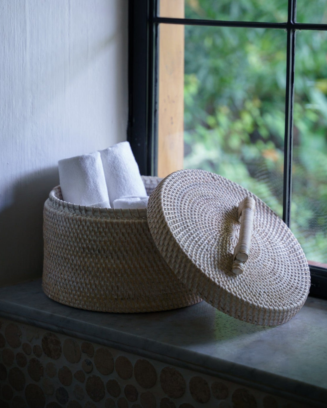 Masoni Storage Basket in White Wash, handwoven rattan