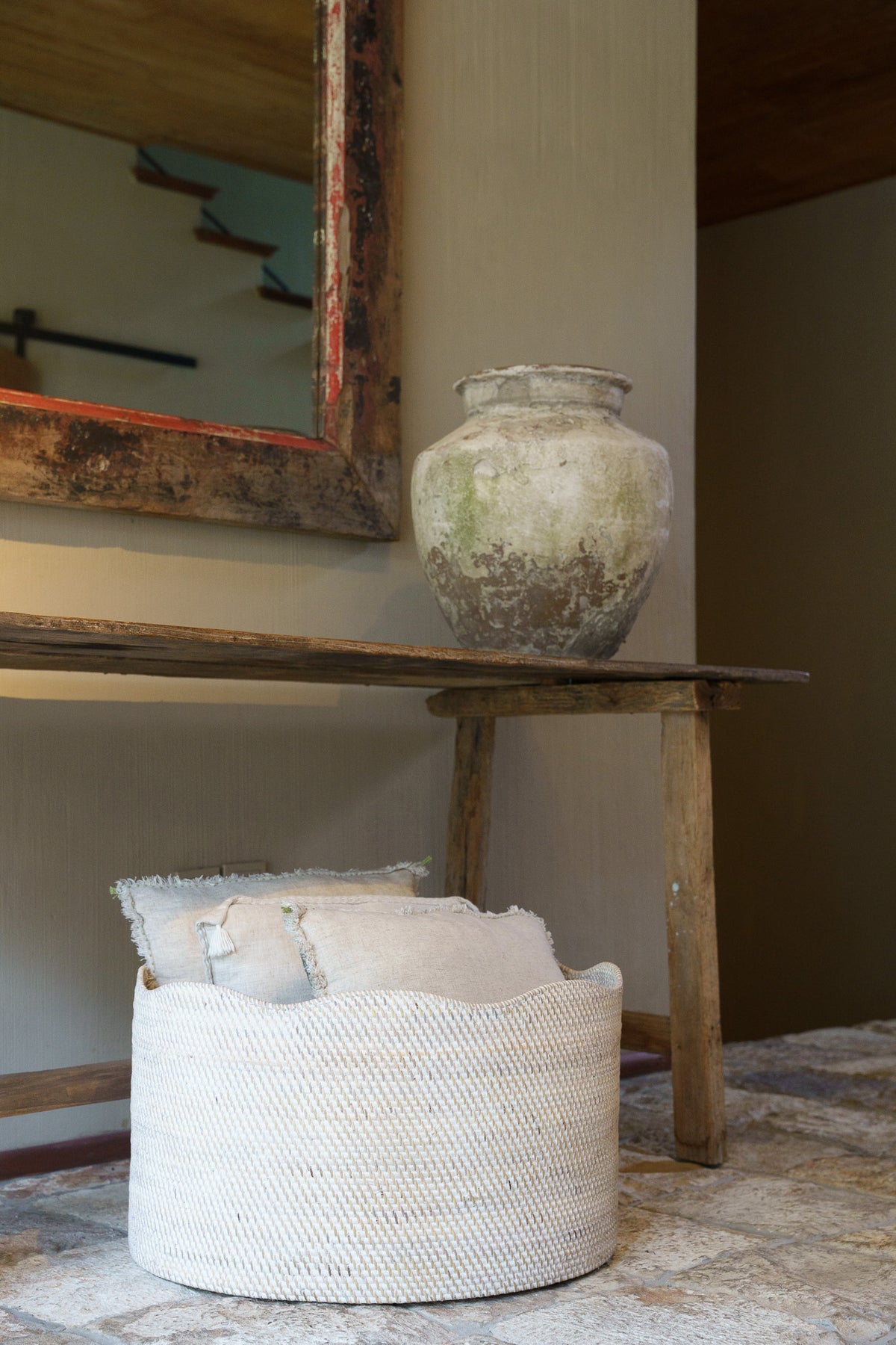 Solva Scallop Rattan Round Storage Basket, woven by hand