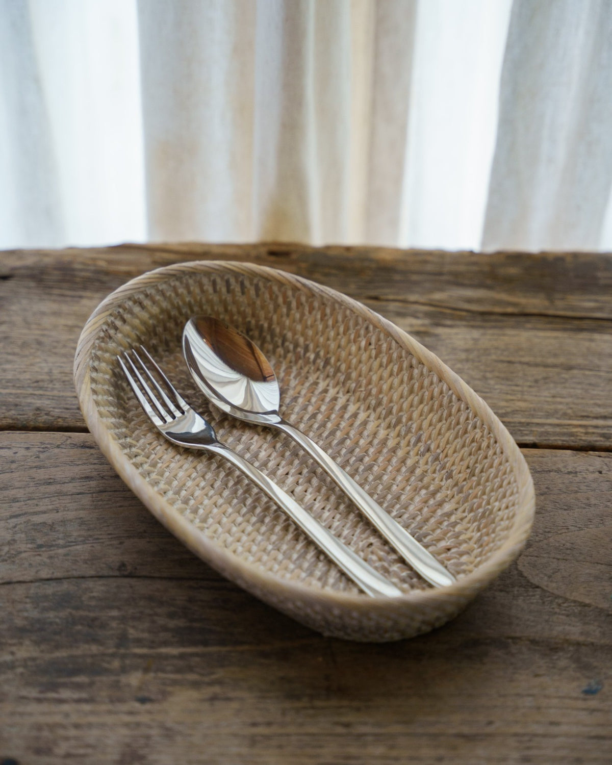 Talise Bread Basket in White Wash, handwoven rattan