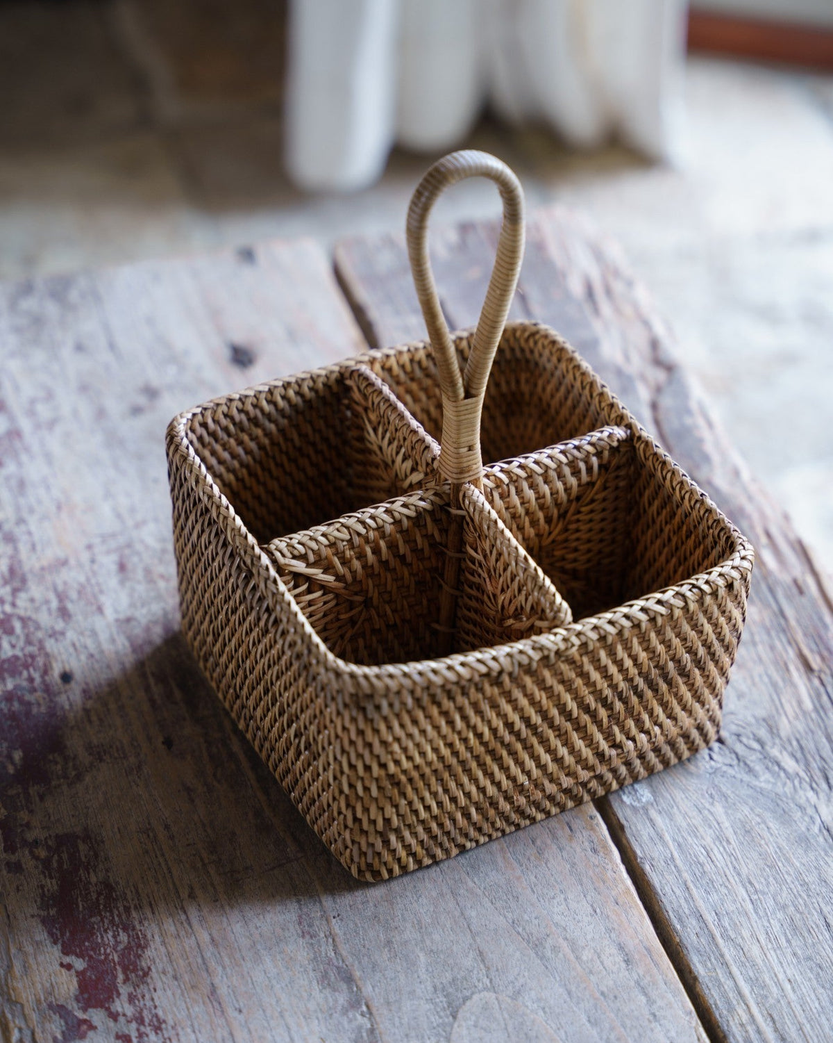 Natuna Cutlery or Bottle Holder in Dark Brown, handwoven rattan