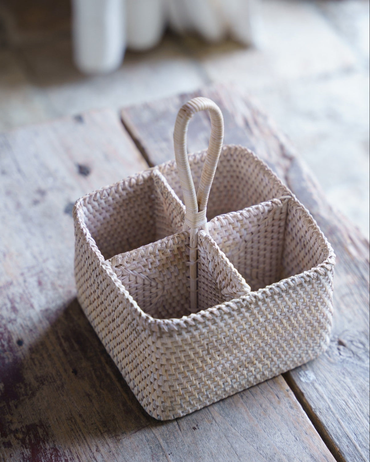 Natuna Cutlery or Bottle Holder in White Wash, handwoven rattan