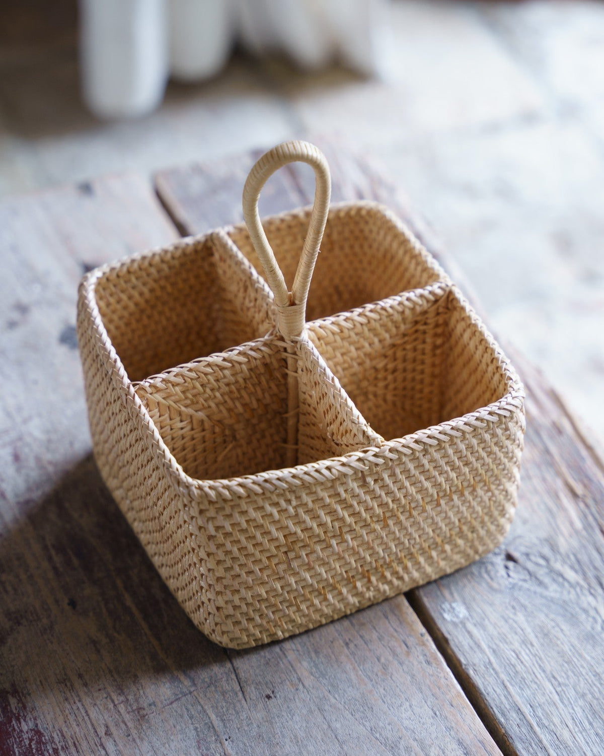 Natuna Cutlery or Bottle Holder in Natural, handwoven rattan