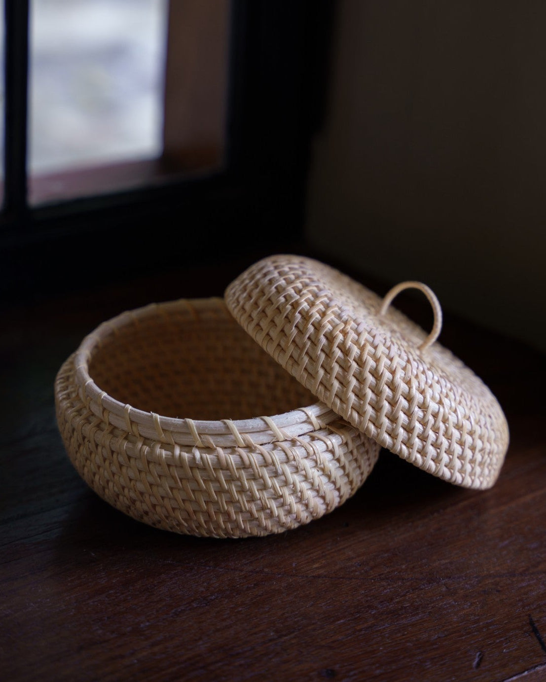 Talise Round Trinket Box with Lid in Natural, handwoven rattan