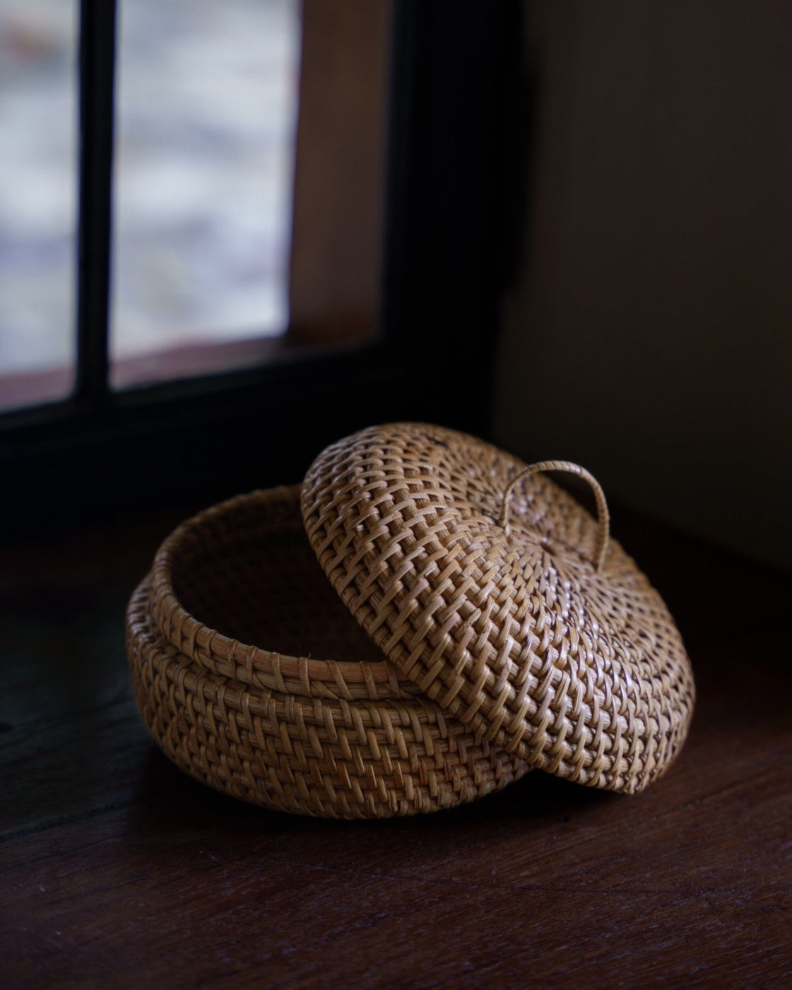 Talise Round Trinket Box with Lid in Brown, handwoven rattan