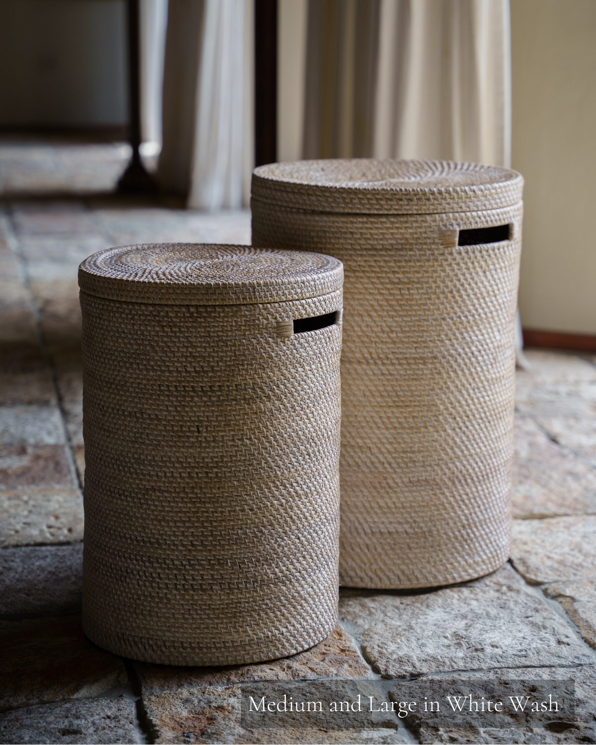 Talise Laundry Basket in White Wash, handwoven rattan