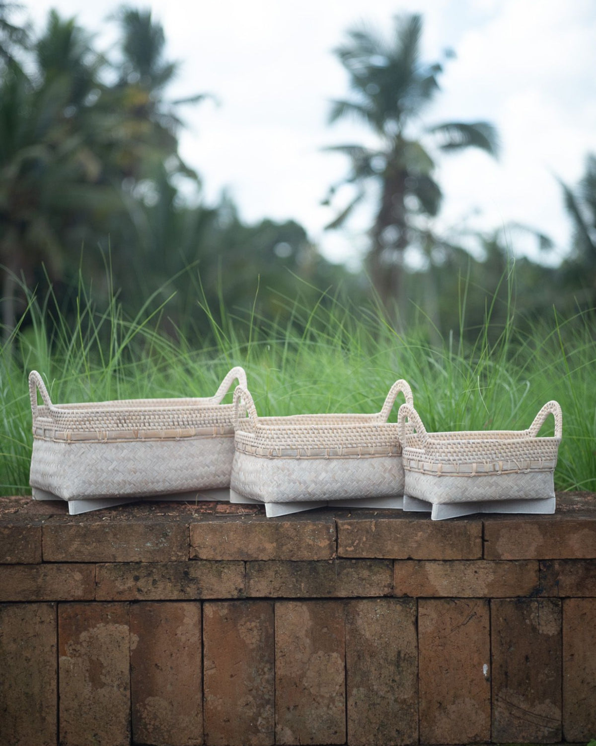 Scarcroft Rectangle Basket in White Wash, handwoven bamboo and rattan