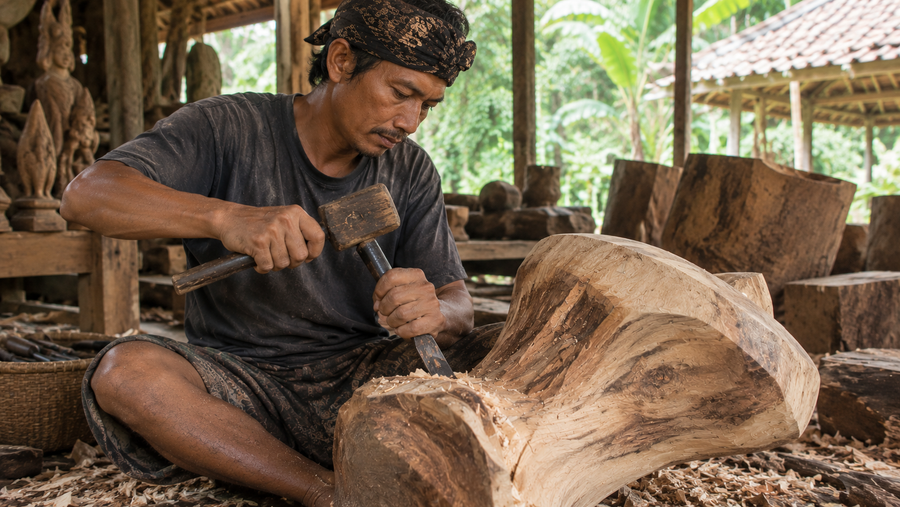 A woodworker carving Suar wood by hand